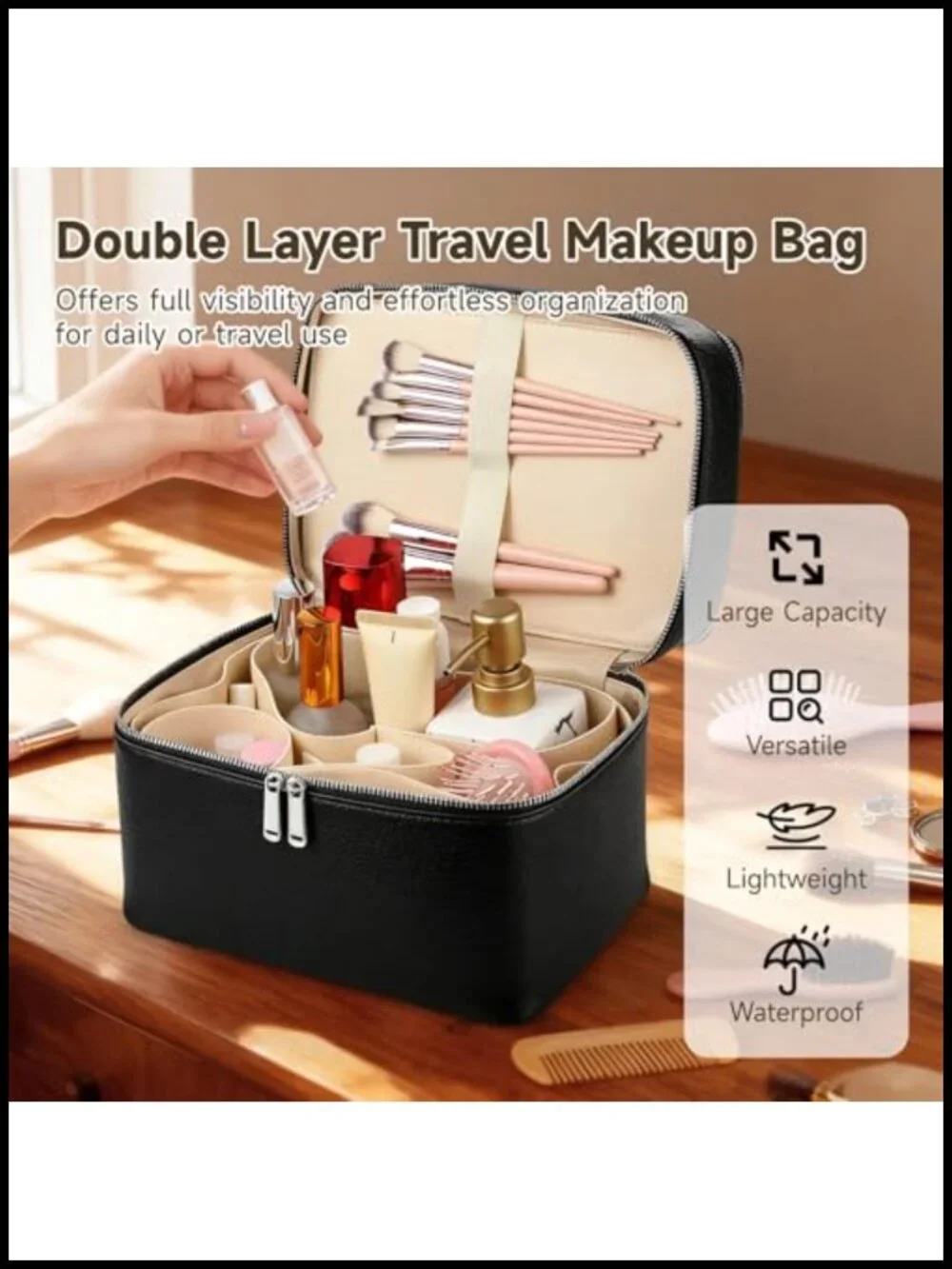 Large Capacity Cosmetic Organizer with Removable Liner, Waterproof PU Leather,